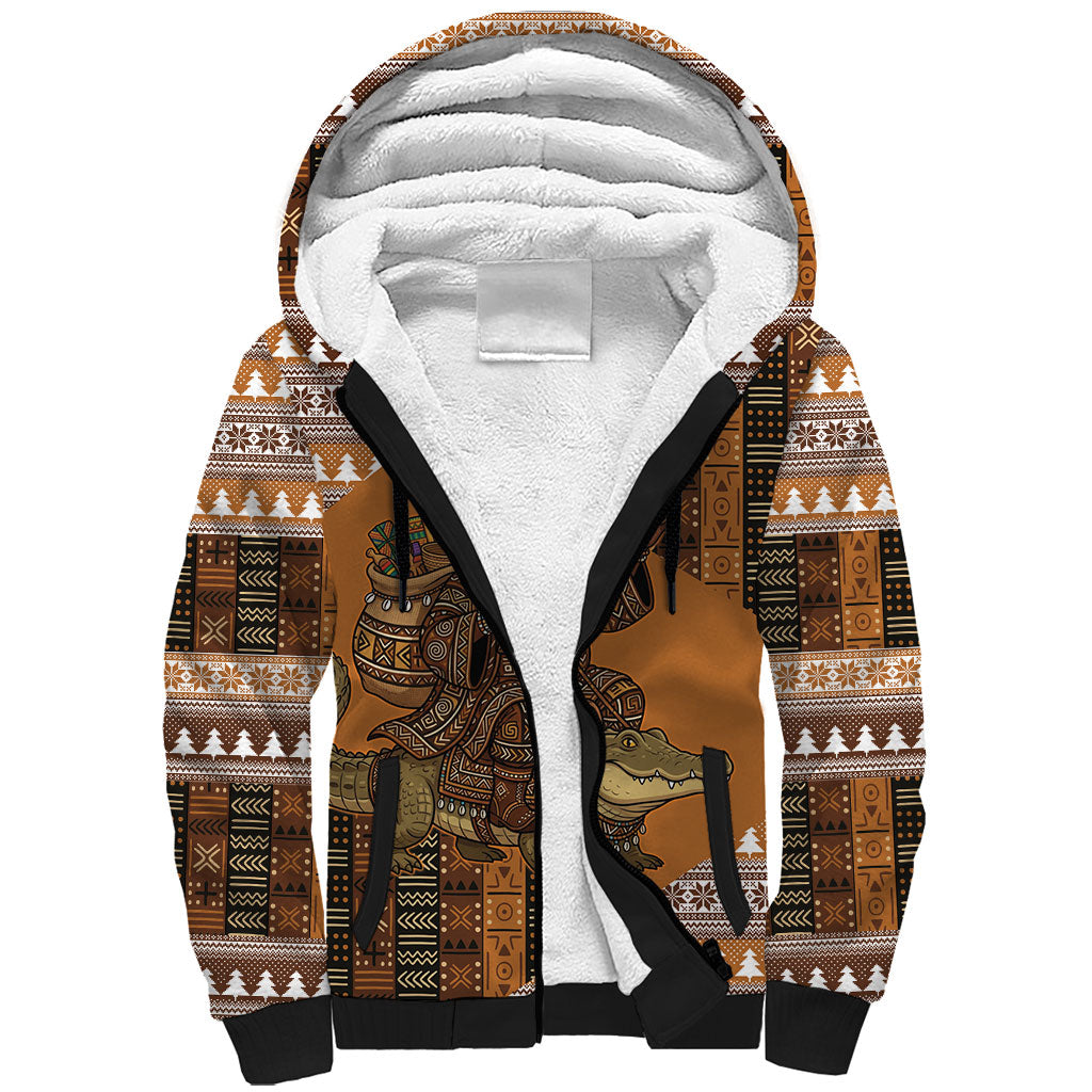 Mali Christmas Santa Nile Crocodile Sherpa Hoodie Bogolanfini Mudcloth Inspired