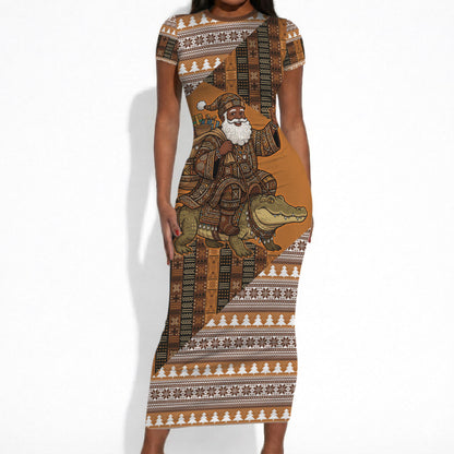Mali Christmas Santa Nile Crocodile Short Sleeve Bodycon Dress Bogolanfini Mudcloth Inspired