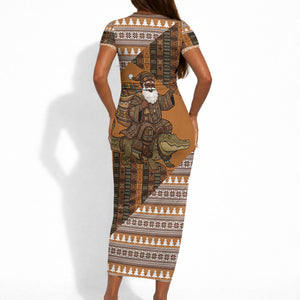Mali Christmas Santa Nile Crocodile Short Sleeve Bodycon Dress Bogolanfini Mudcloth Inspired
