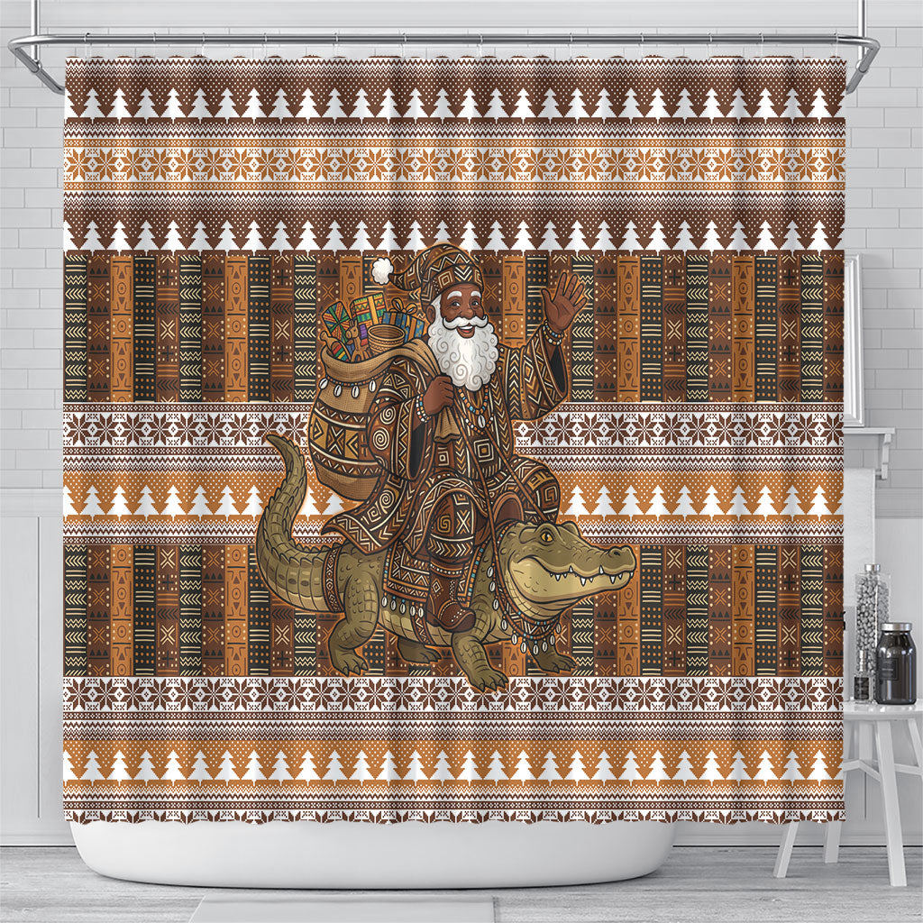 Mali Christmas Santa Nile Crocodile Shower Curtain Bogolanfini Mudcloth Inspired