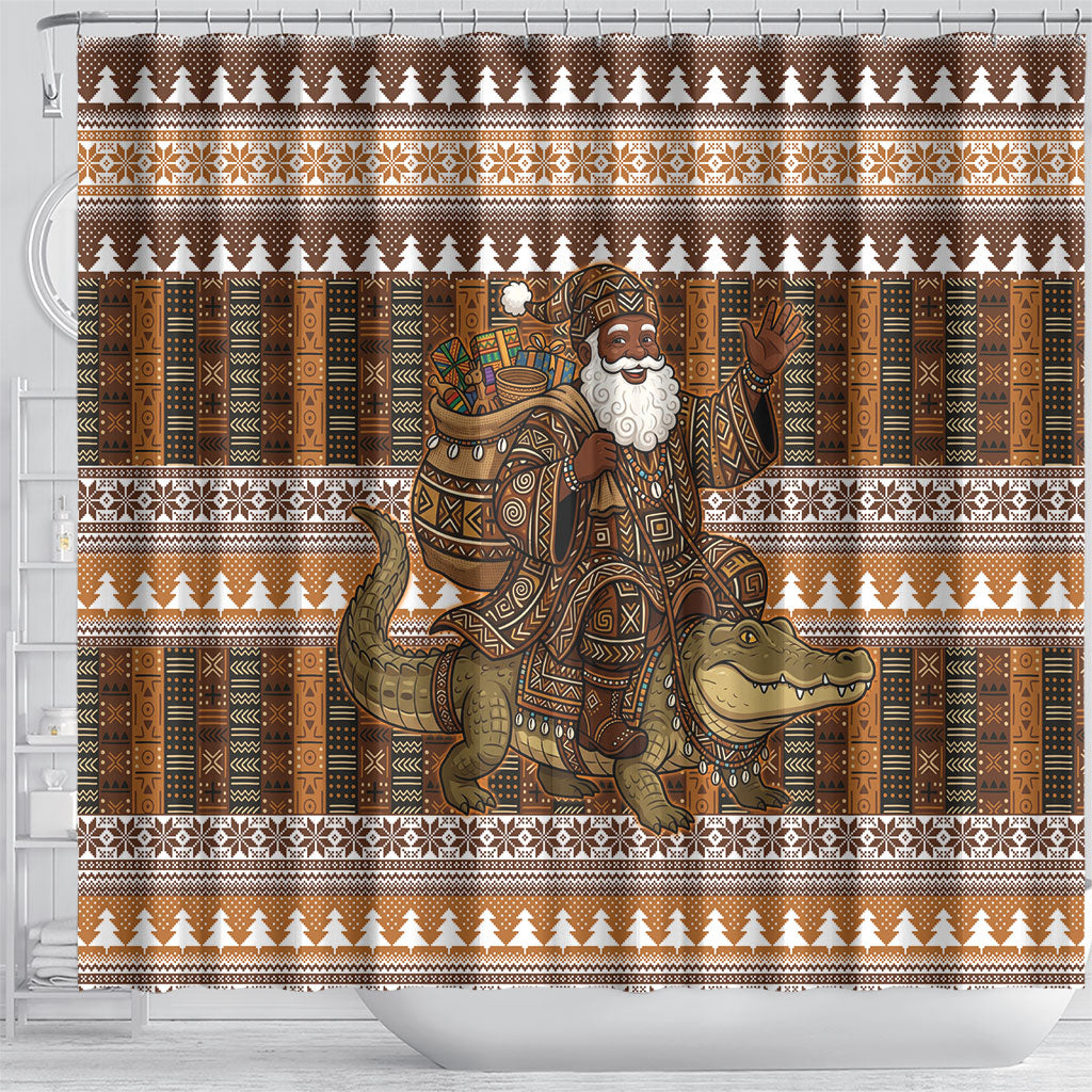 Mali Christmas Santa Nile Crocodile Shower Curtain Bogolanfini Mudcloth Inspired