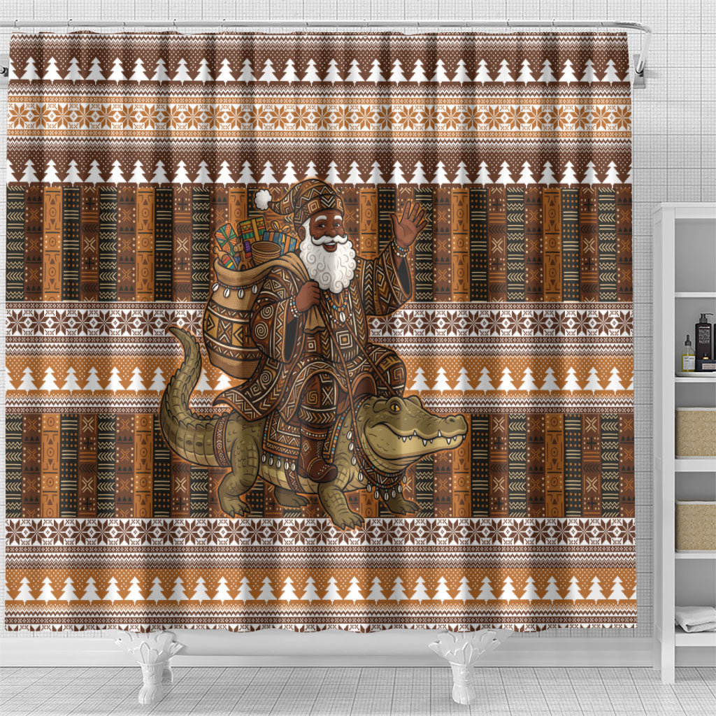 Mali Christmas Santa Nile Crocodile Shower Curtain Bogolanfini Mudcloth Inspired