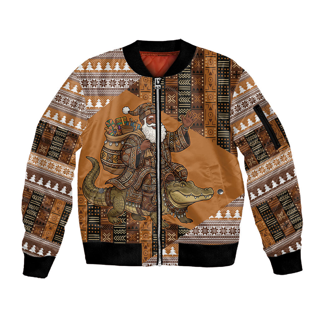 Mali Christmas Santa Nile Crocodile Sleeve Zip Bomber Jacket Bogolanfini Mudcloth Inspired