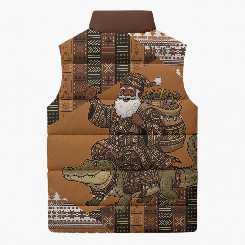 Mali Christmas Santa Nile Crocodile Sleeveless Puffer Jacket Bogolanfini Mudcloth Inspired