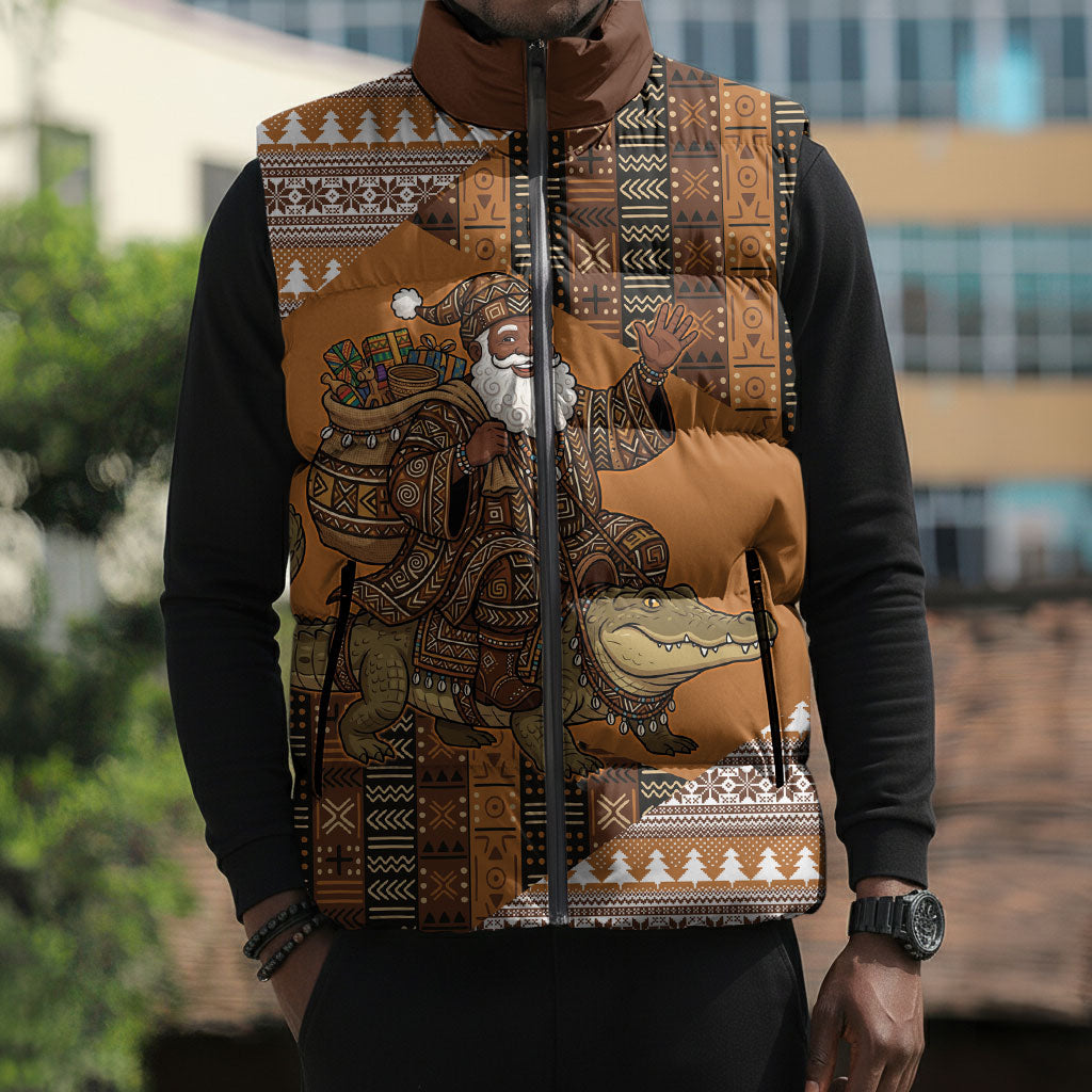 Mali Christmas Santa Nile Crocodile Sleeveless Puffer Jacket Bogolanfini Mudcloth Inspired