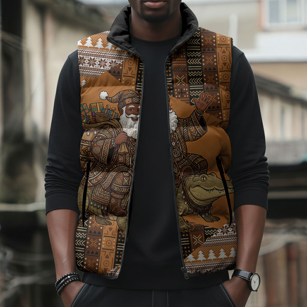 Mali Christmas Santa Nile Crocodile Sleeveless Puffer Jacket Bogolanfini Mudcloth Inspired