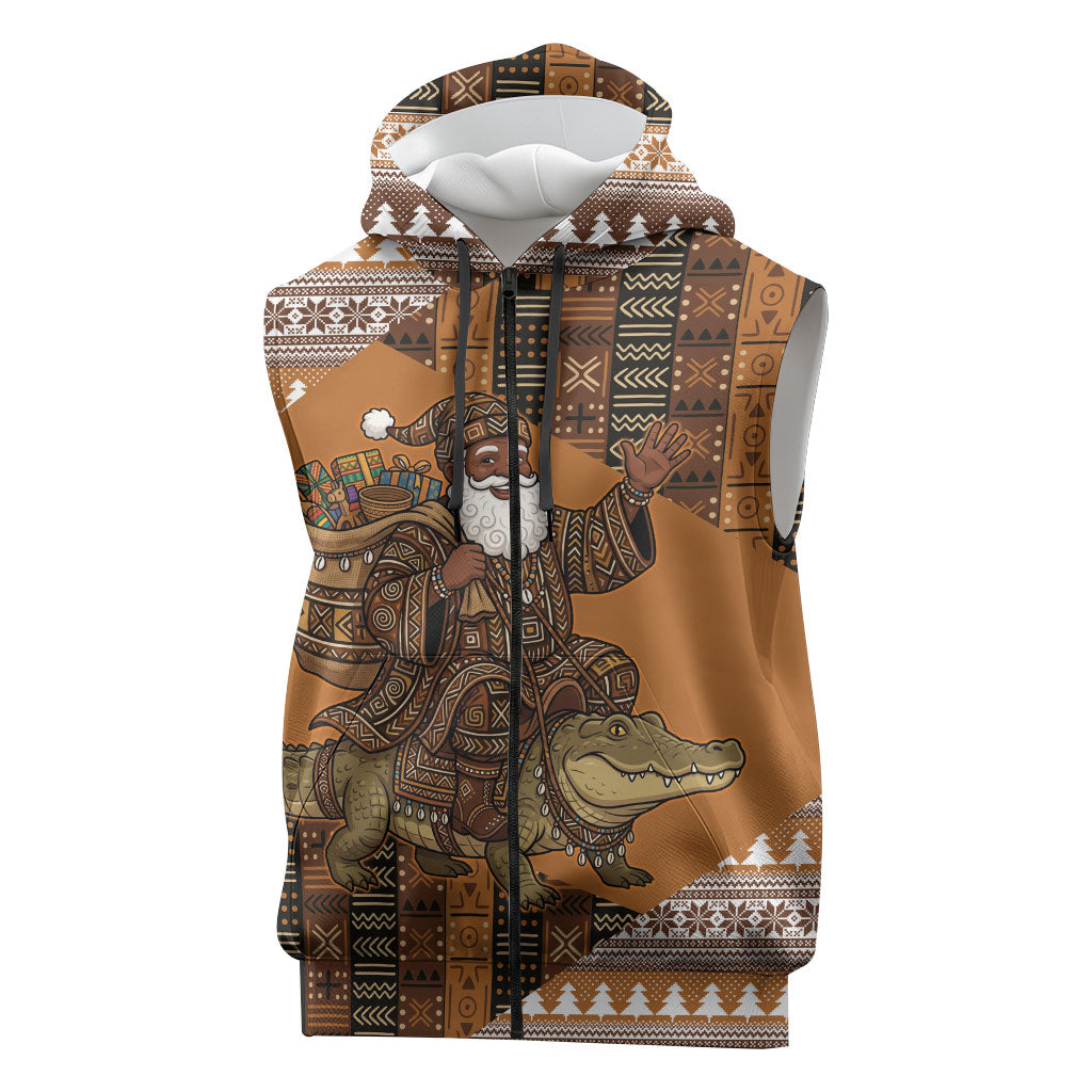 Mali Christmas Santa Nile Crocodile Sleeveless Zip Hoodie Bogolanfini Mudcloth Inspired