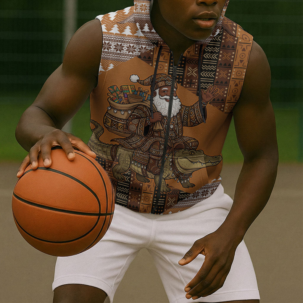 Mali Christmas Santa Nile Crocodile Sleeveless Zip Hoodie Bogolanfini Mudcloth Inspired