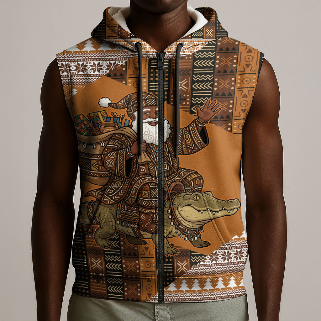 Mali Christmas Santa Nile Crocodile Sleeveless Zip Hoodie Bogolanfini Mudcloth Inspired