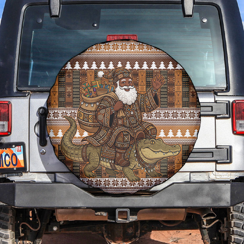 Mali Christmas Santa Nile Crocodile Spare Tire Cover Bogolanfini Mudcloth Inspired