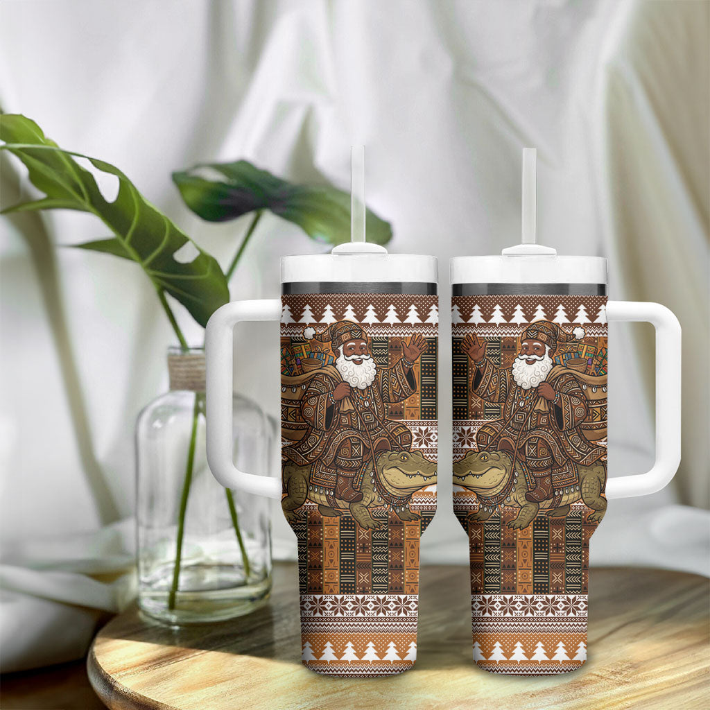 Mali Christmas Santa Nile Crocodile Tumbler With Handle Bogolanfini Mudcloth Inspired