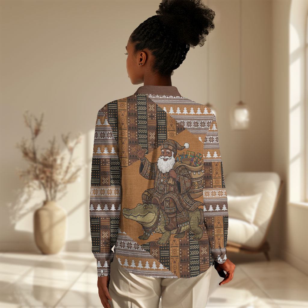 Mali Christmas Santa Nile Crocodile Women Casual Shirt Bogolanfini Mudcloth Inspired