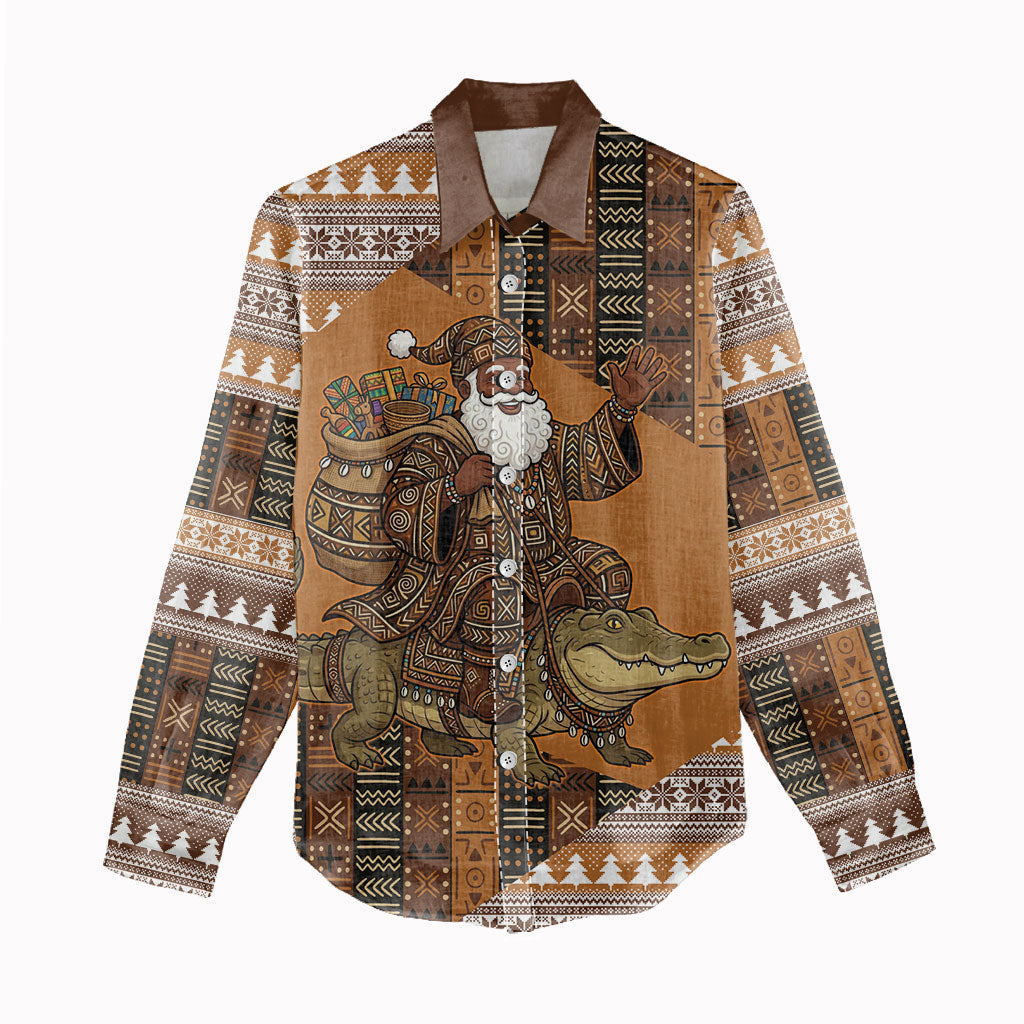 Mali Christmas Santa Nile Crocodile Women Casual Shirt Bogolanfini Mudcloth Inspired