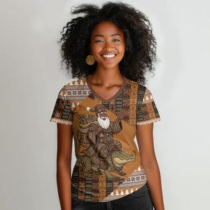 Mali Christmas Santa Nile Crocodile Women V-Neck T-Shirt Bogolanfini Mudcloth Inspired