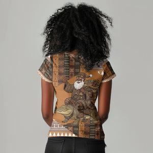 Mali Christmas Santa Nile Crocodile Women V-Neck T-Shirt Bogolanfini Mudcloth Inspired