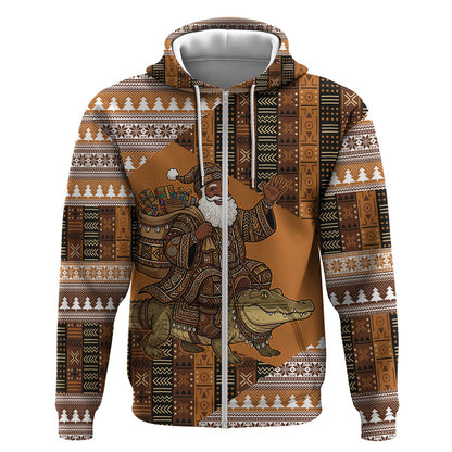 Mali Christmas Santa Nile Crocodile Zip Hoodie Bogolanfini Mudcloth Inspired