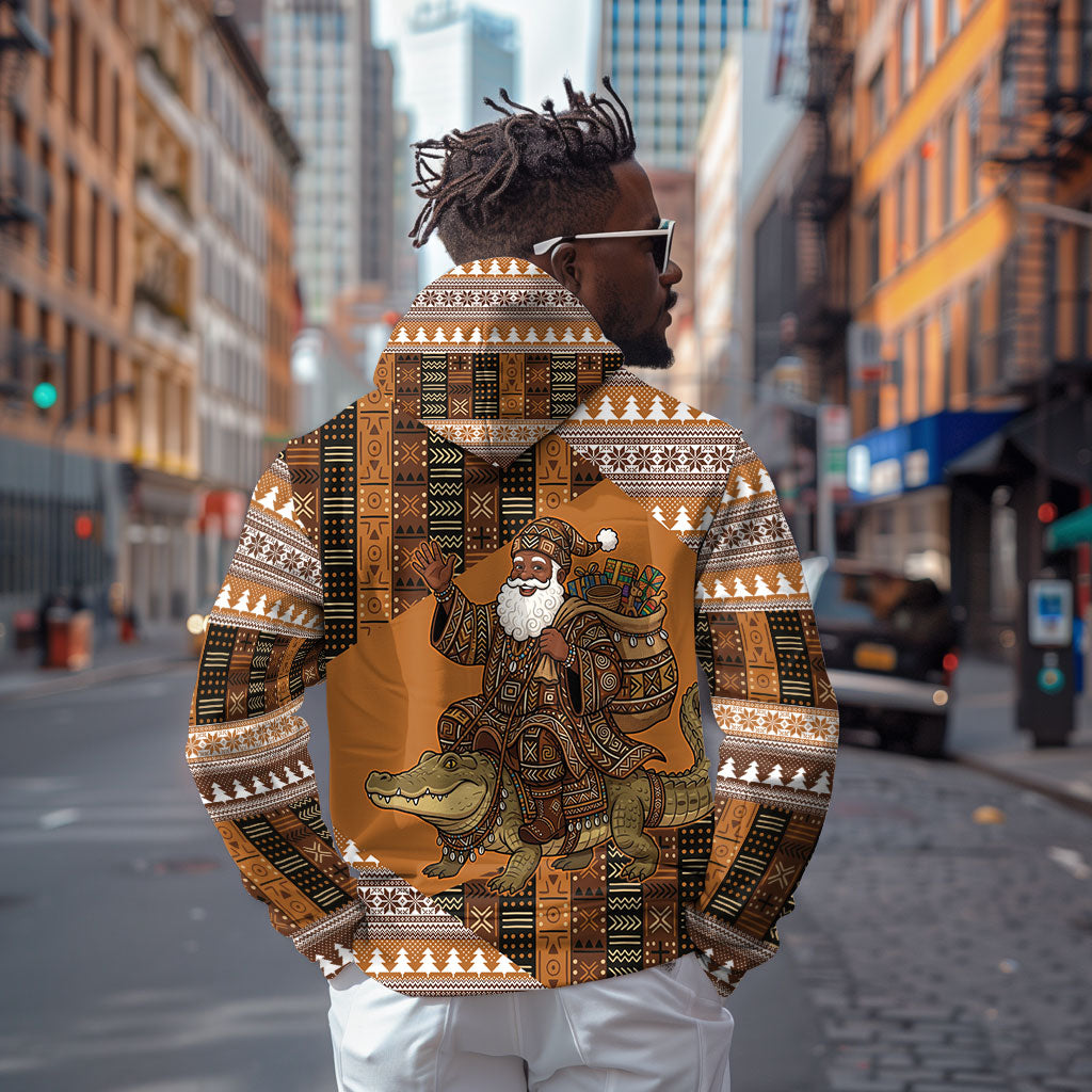 Mali Christmas Santa Nile Crocodile Zip Hoodie Bogolanfini Mudcloth Inspired