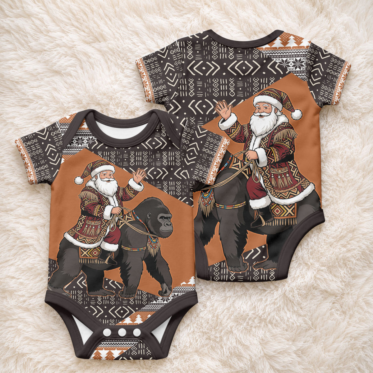 DR Congo Christmas Santa Gorilla Baby Onesie Kuba Inspired Geometric Pattern