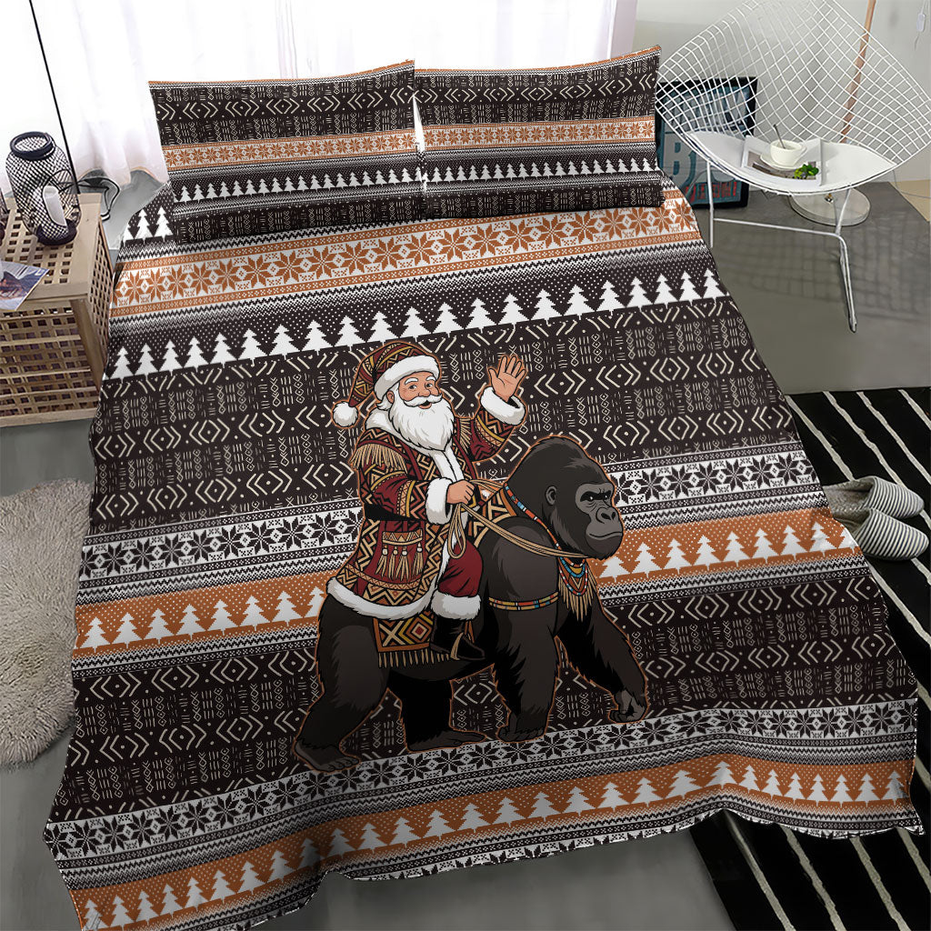 DR Congo Christmas Santa Gorilla Bedding Set Kuba Inspired Geometric Pattern