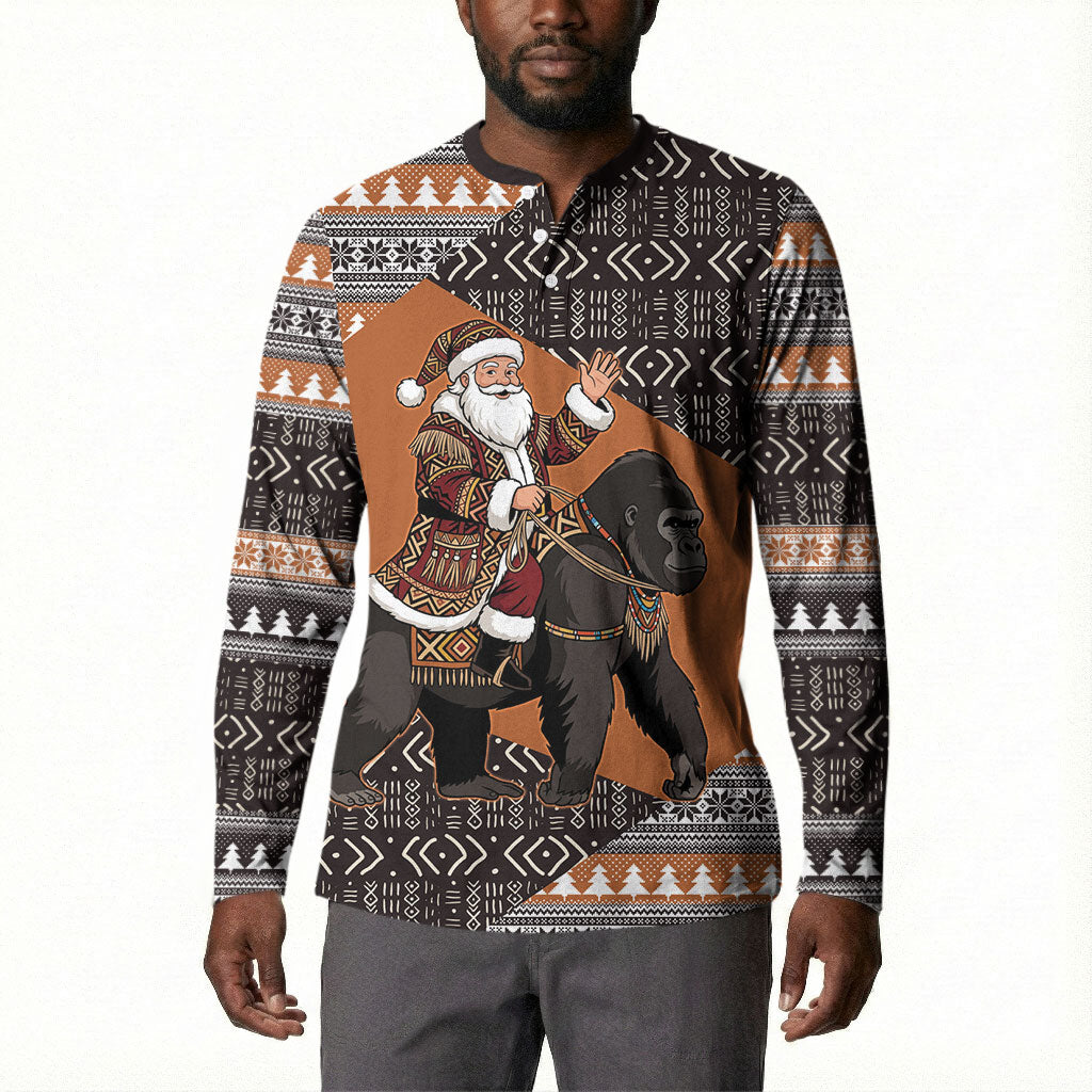 DR Congo Christmas Santa Gorilla Button Sweatshirt Kuba Inspired Geometric Pattern