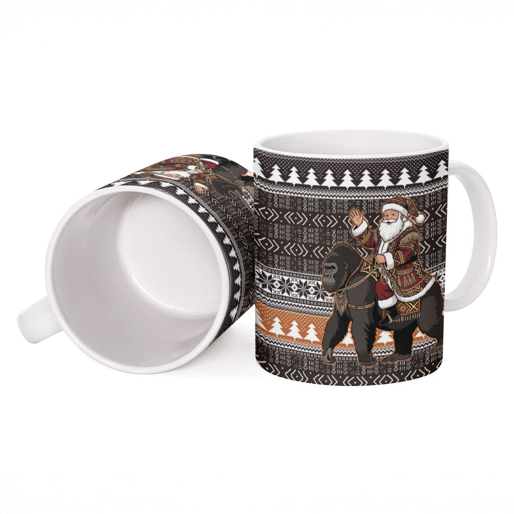DR Congo Christmas Santa Gorilla Ceramic Mug Kuba Inspired Geometric Pattern