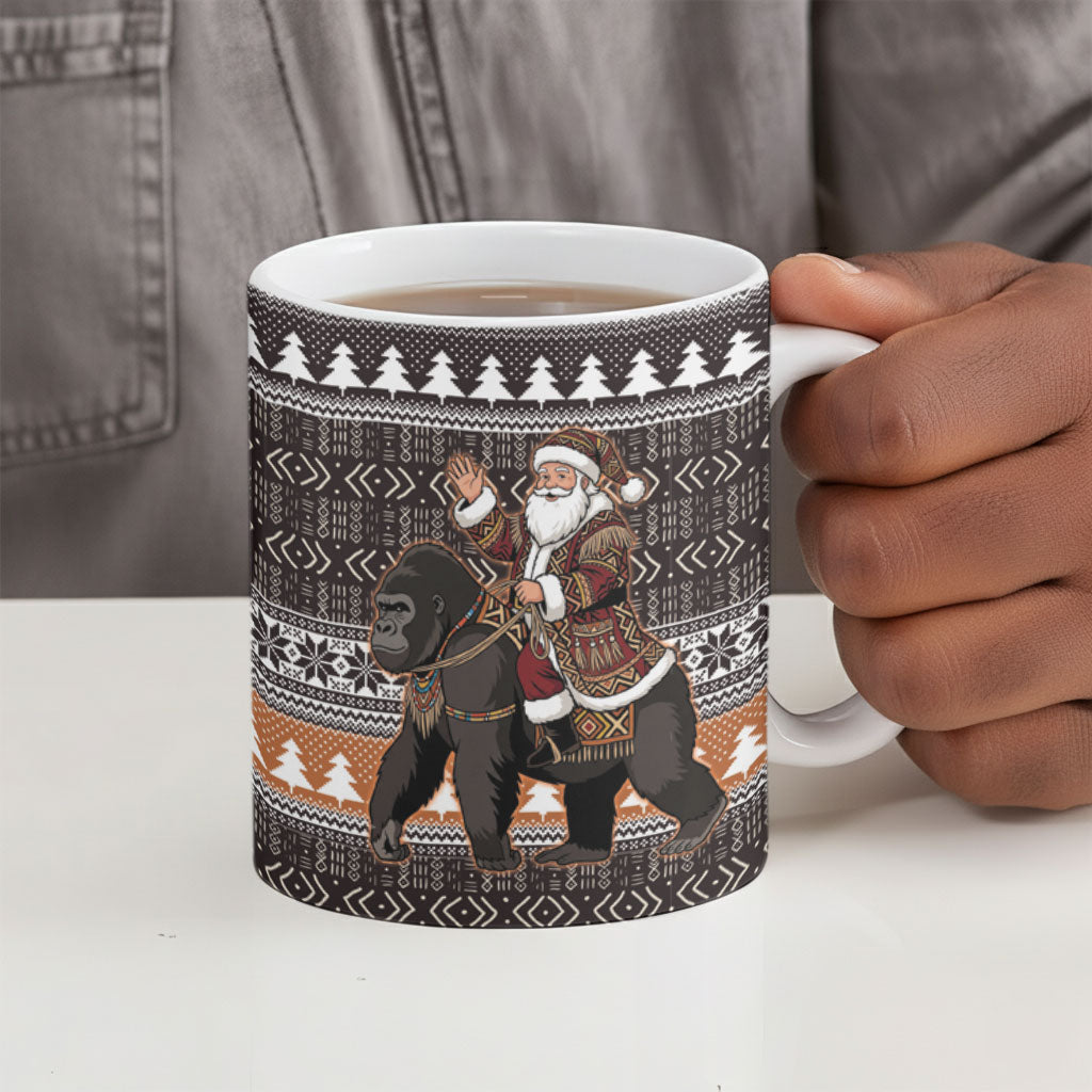 DR Congo Christmas Santa Gorilla Ceramic Mug Kuba Inspired Geometric Pattern