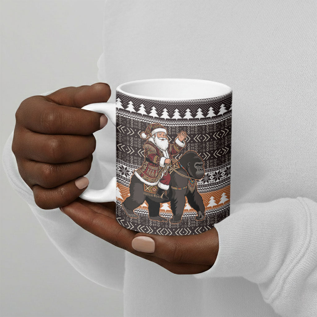 DR Congo Christmas Santa Gorilla Ceramic Mug Kuba Inspired Geometric Pattern
