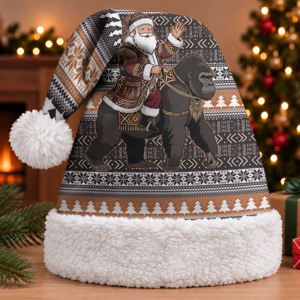 DR Congo Christmas Santa Gorilla Christmas Santa Hat Kuba Inspired Geometric Pattern
