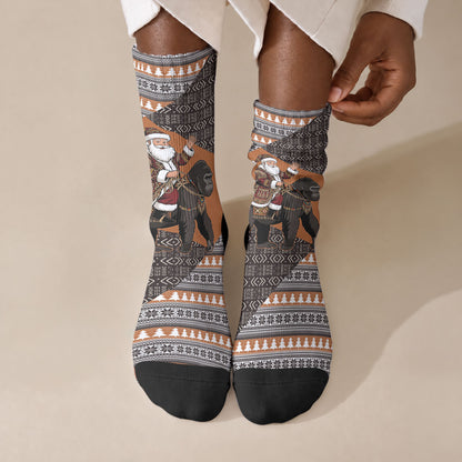 DR Congo Christmas Santa Gorilla Crew Socks Kuba Inspired Geometric Pattern