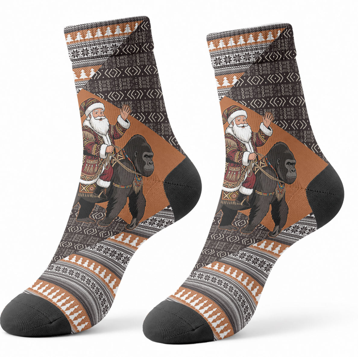 DR Congo Christmas Santa Gorilla Crew Socks Kuba Inspired Geometric Pattern