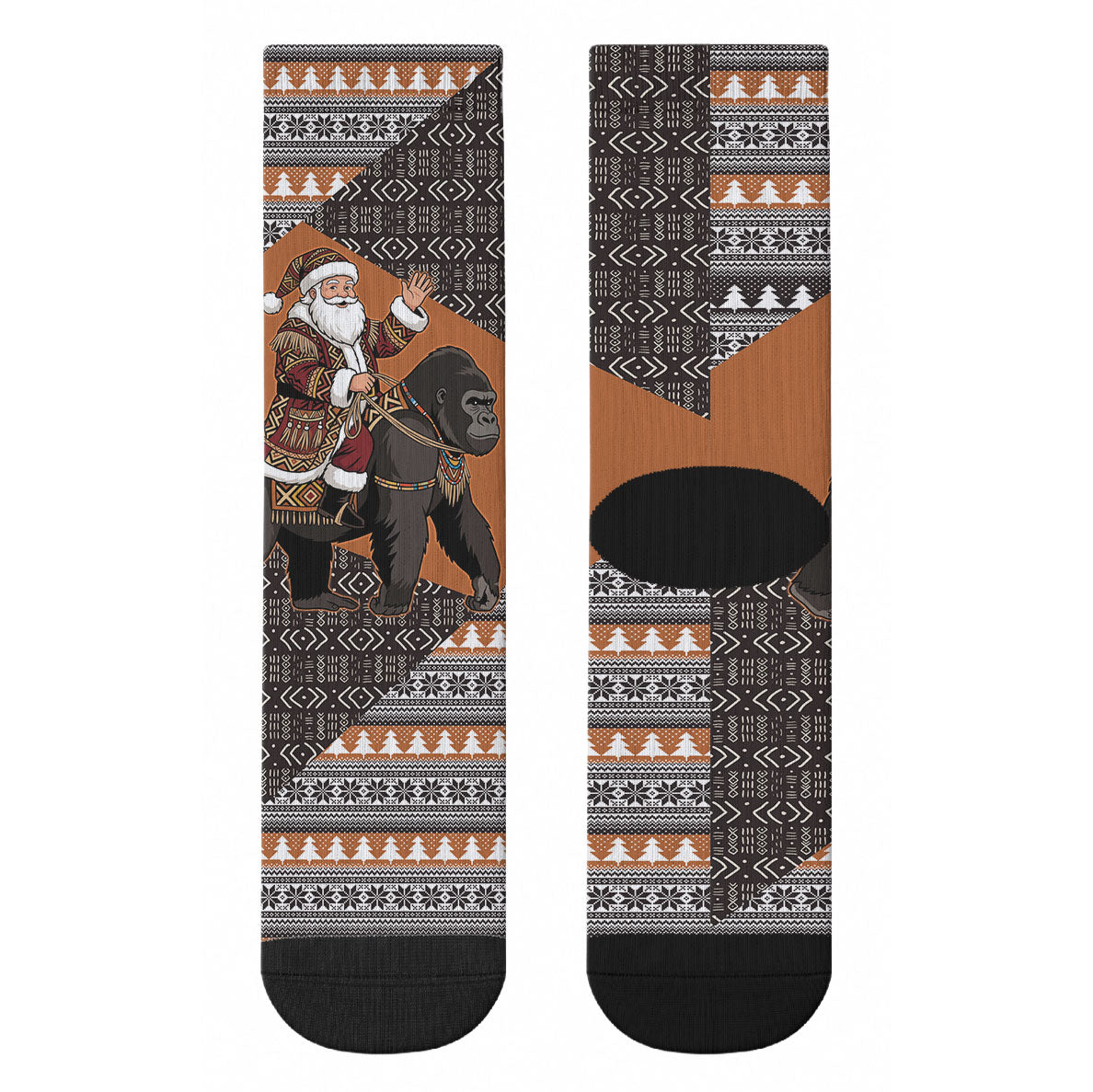 DR Congo Christmas Santa Gorilla Crew Socks Kuba Inspired Geometric Pattern