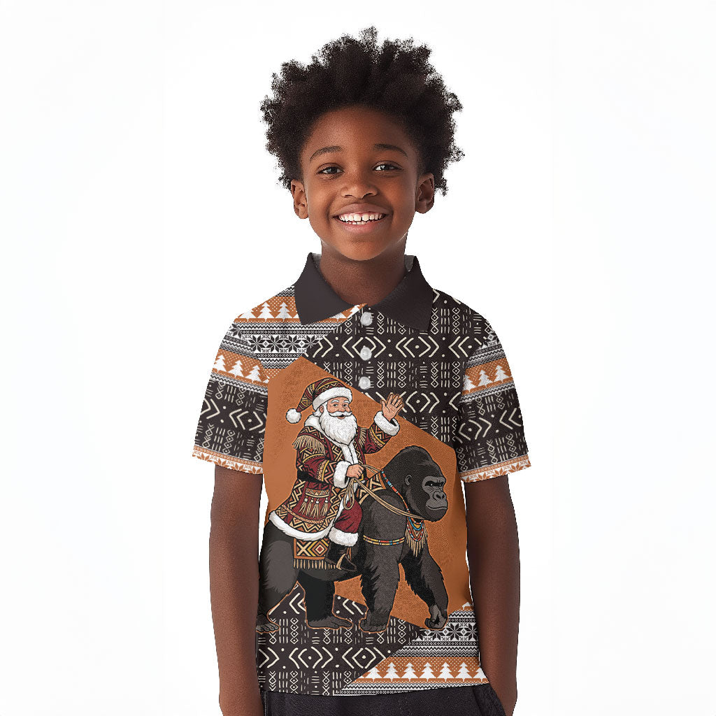 DR Congo Christmas Santa Gorilla Kid Polo Shirt Kuba Inspired Geometric Pattern