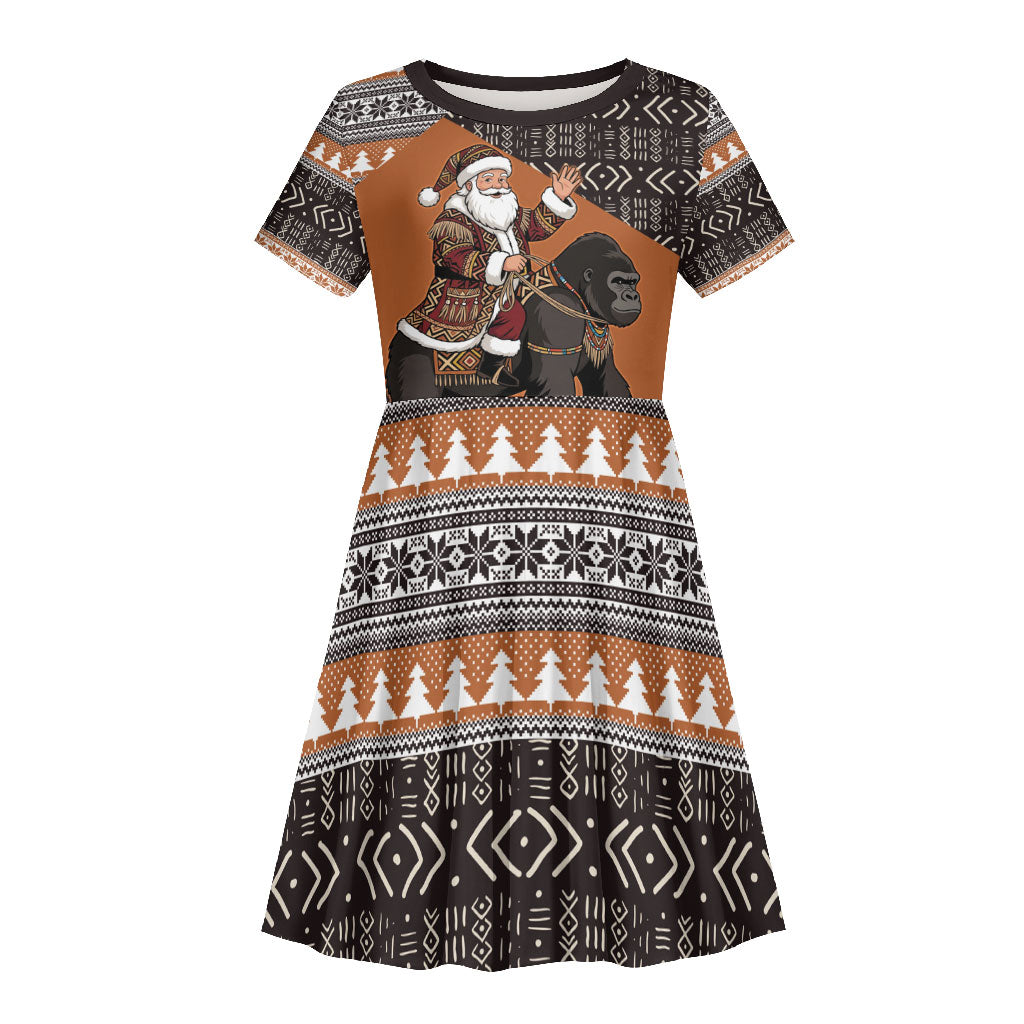 DR Congo Christmas Santa Gorilla Kid Short Sleeve Dress Kuba Inspired Geometric Pattern