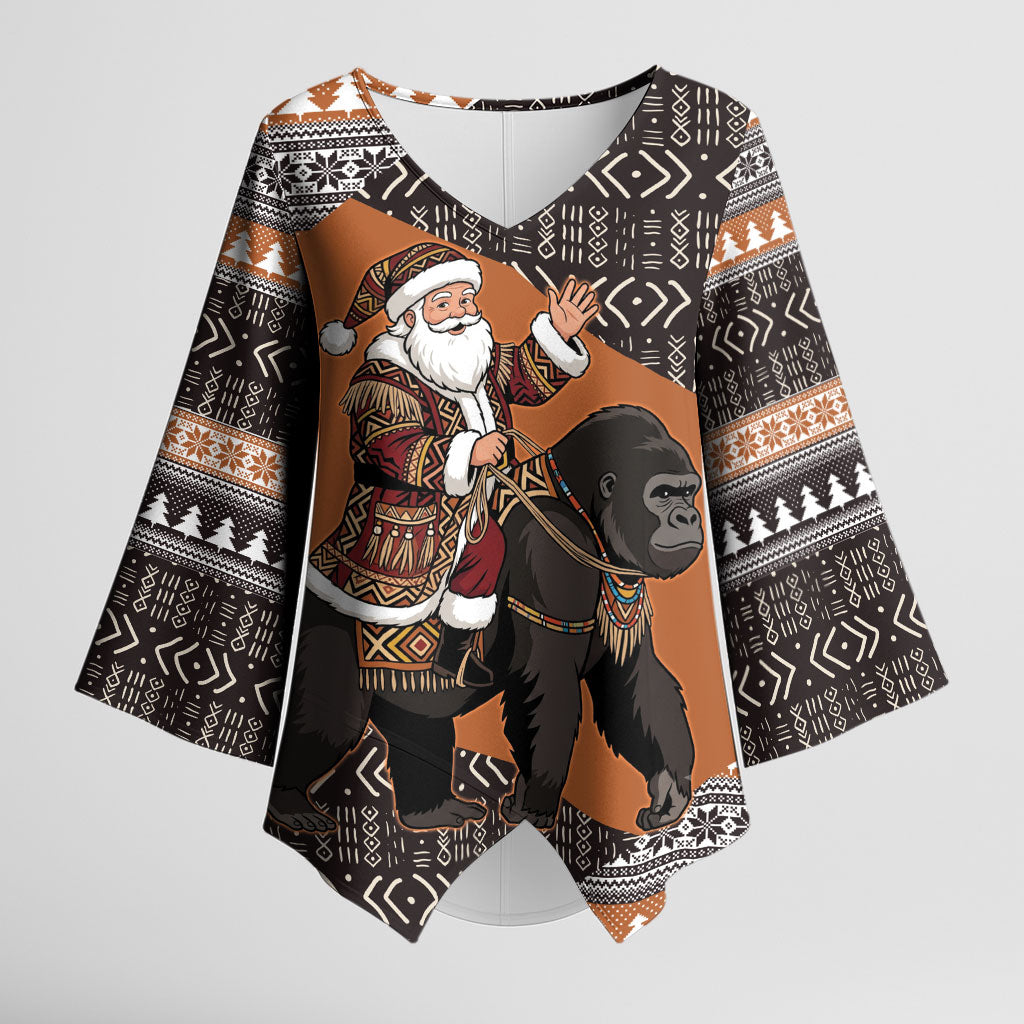 DR Congo Christmas Santa Gorilla Kimono Sleeve Blouse Kuba Inspired Geometric Pattern