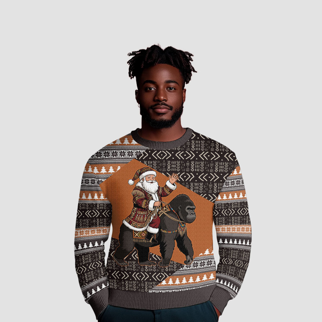 DR Congo Christmas Santa Gorilla Ugly Christmas Sweater Kuba Inspired Geometric Pattern