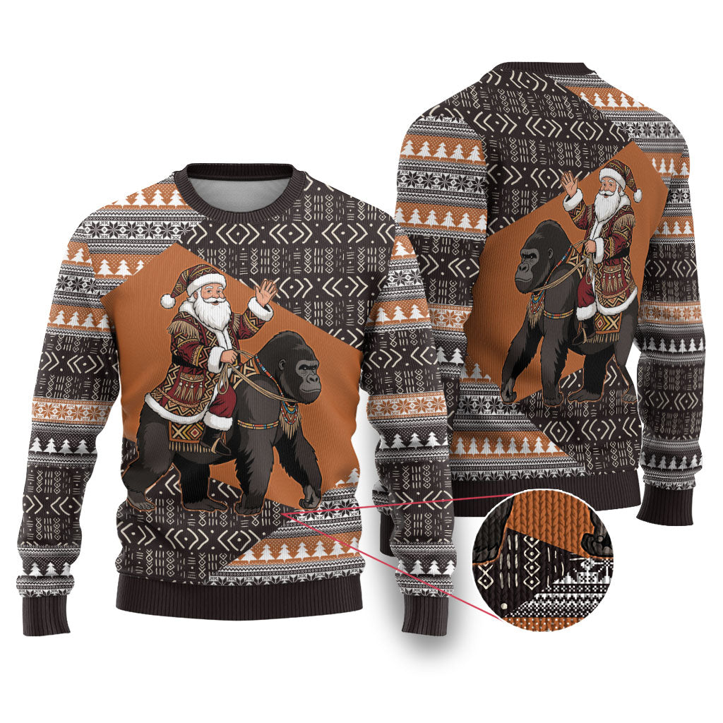 DR Congo Christmas Santa Gorilla Ugly Christmas Sweater Kuba Inspired Geometric Pattern