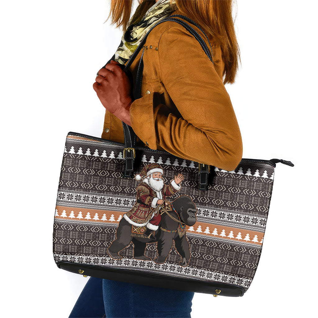 DR Congo Christmas Santa Gorilla Leather Tote Bag Kuba Inspired Geometric Pattern
