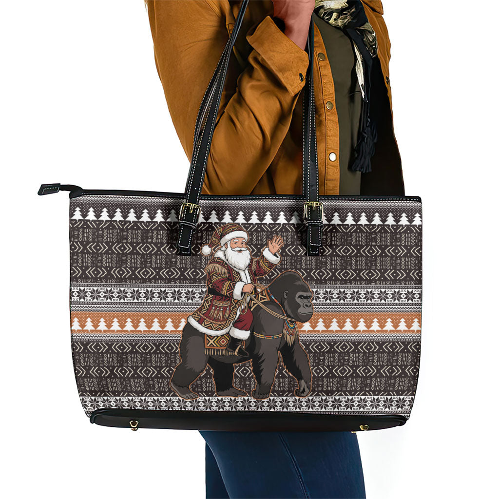 DR Congo Christmas Santa Gorilla Leather Tote Bag Kuba Inspired Geometric Pattern