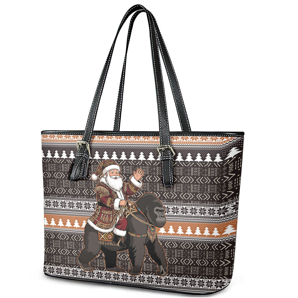 DR Congo Christmas Santa Gorilla Leather Tote Bag Kuba Inspired Geometric Pattern