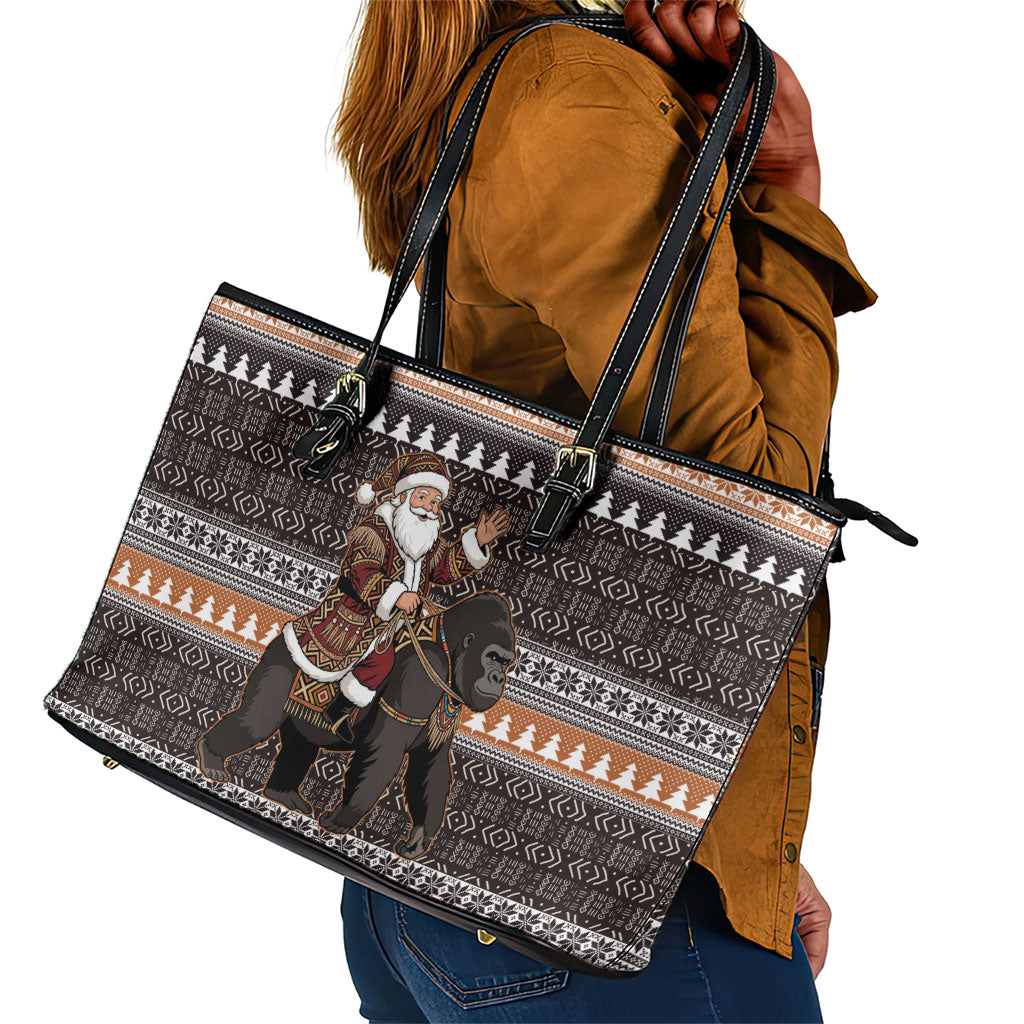 DR Congo Christmas Santa Gorilla Leather Tote Bag Kuba Inspired Geometric Pattern
