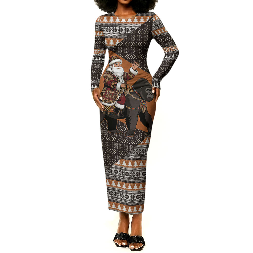 DR Congo Christmas Santa Gorilla Long Sleeve Bodycon Dress Kuba Inspired Geometric Pattern
