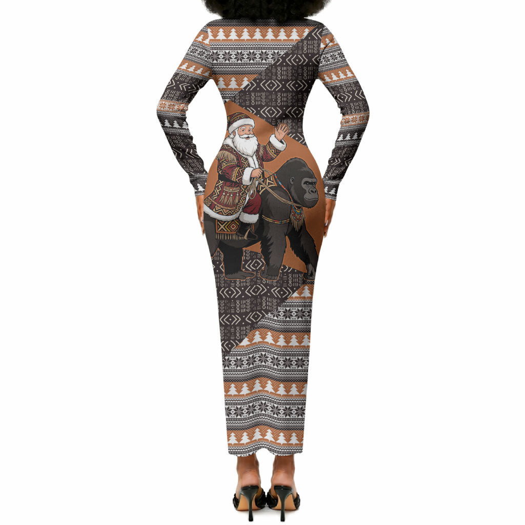 DR Congo Christmas Santa Gorilla Long Sleeve Bodycon Dress Kuba Inspired Geometric Pattern
