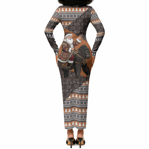 DR Congo Christmas Santa Gorilla Long Sleeve Bodycon Dress Kuba Inspired Geometric Pattern