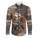 DR Congo Christmas Santa Gorilla Long Sleeve Button Shirt Kuba Inspired Geometric Pattern