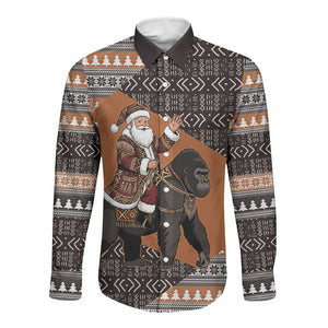DR Congo Christmas Santa Gorilla Long Sleeve Button Shirt Kuba Inspired Geometric Pattern