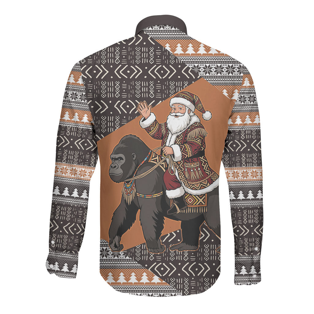 DR Congo Christmas Santa Gorilla Long Sleeve Button Shirt Kuba Inspired Geometric Pattern