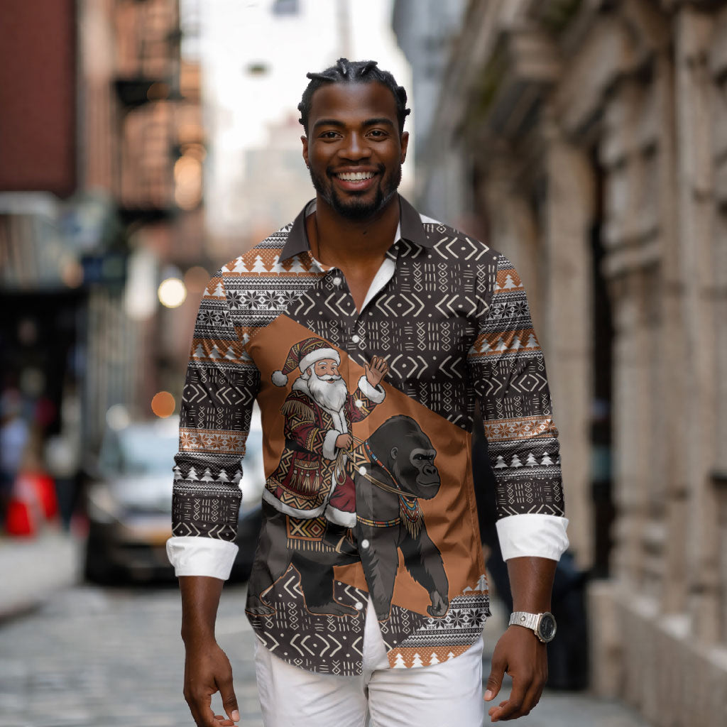 DR Congo Christmas Santa Gorilla Long Sleeve Button Shirt Kuba Inspired Geometric Pattern