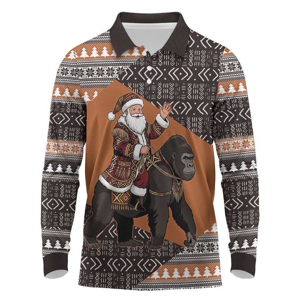 DR Congo Christmas Santa Gorilla Long Sleeve Polo Shirt Kuba Inspired Geometric Pattern