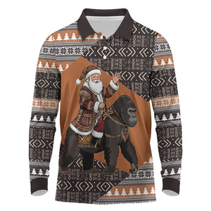 DR Congo Christmas Santa Gorilla Long Sleeve Polo Shirt Kuba Inspired Geometric Pattern