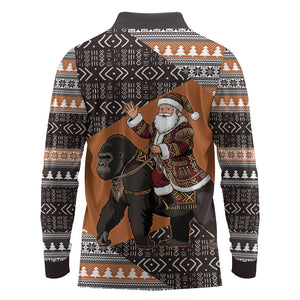 DR Congo Christmas Santa Gorilla Long Sleeve Polo Shirt Kuba Inspired Geometric Pattern